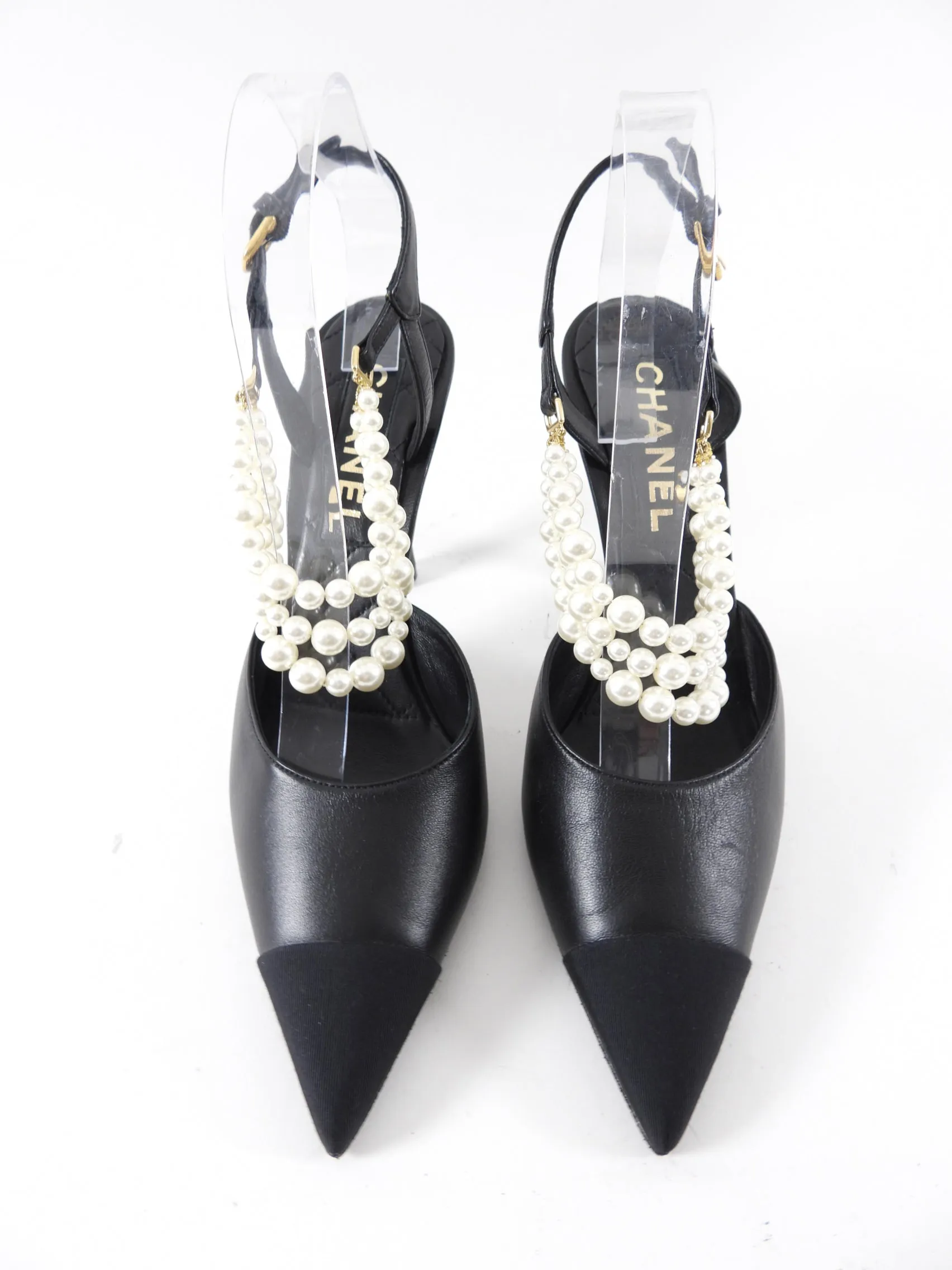Chanel Black Leather and Fabric Cap Toe Pearl High Heels - 40C