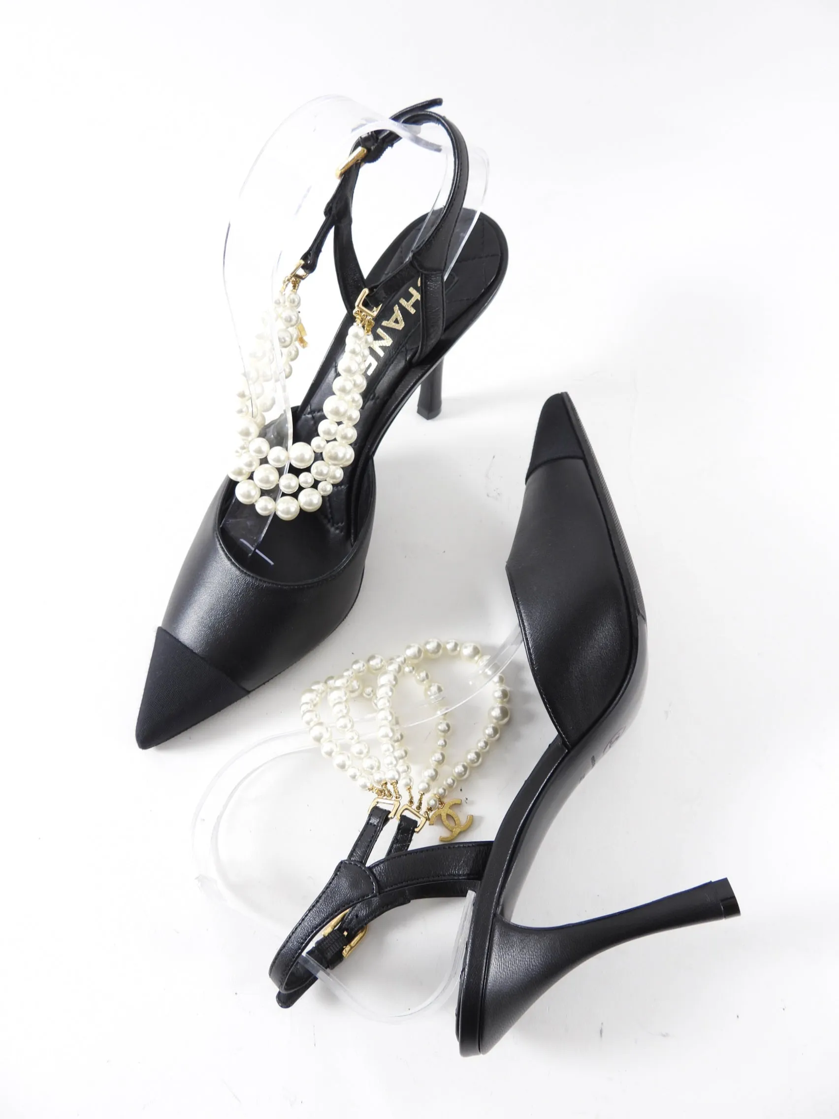 Chanel Black Leather and Fabric Cap Toe Pearl High Heels - 40C
