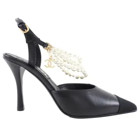 Chanel Black Leather and Fabric Cap Toe Pearl High Heels - 40C