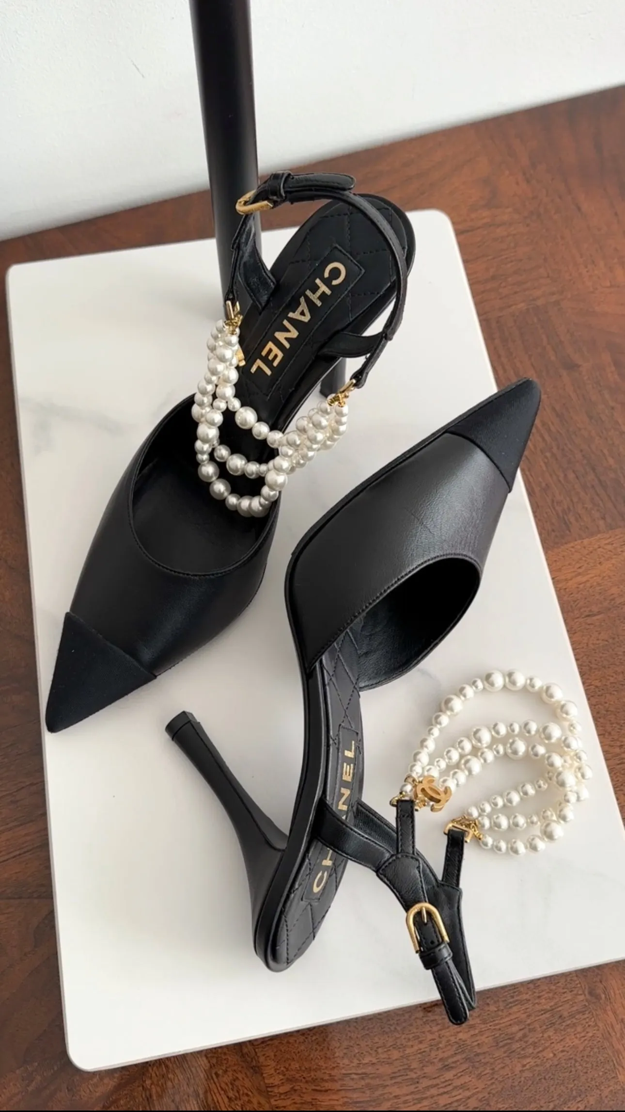 Chanel Black Leather and Fabric Cap Toe Pearl High Heels - 40C