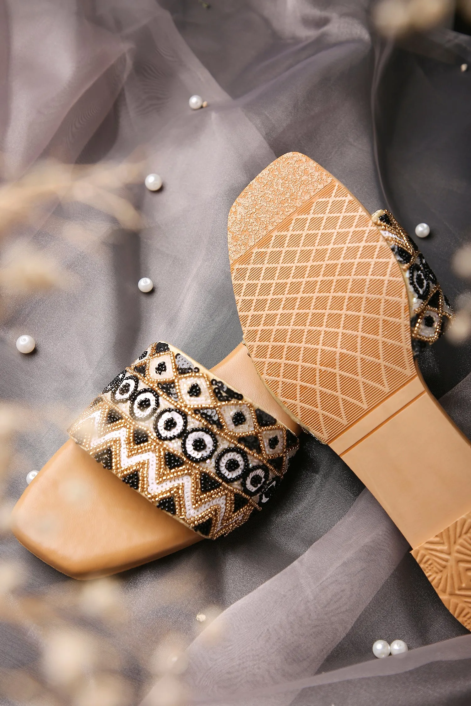 Handcrafted Flat Sandals with Beaded & Sequin Work Detailing