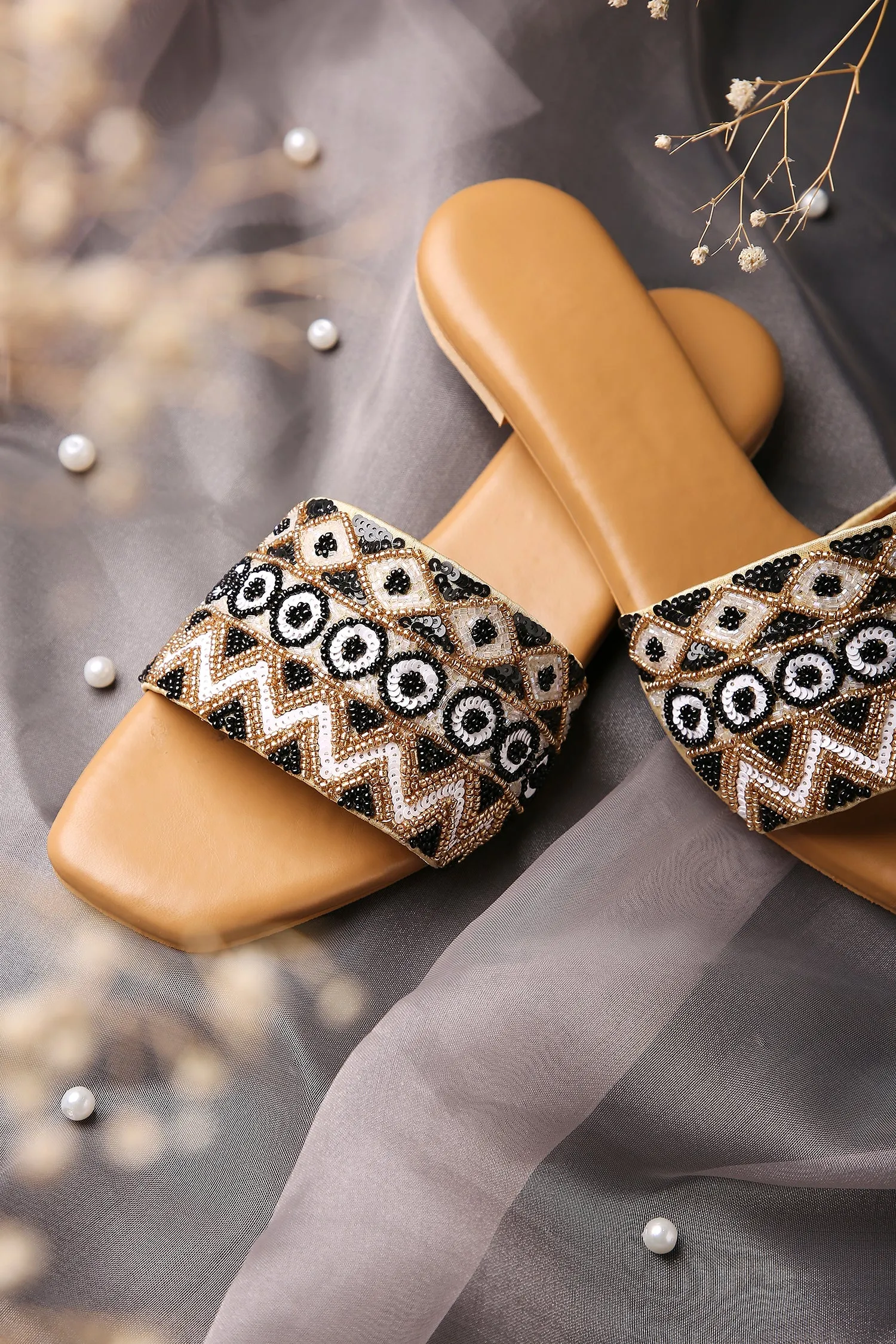Handcrafted Flat Sandals with Beaded & Sequin Work Detailing
