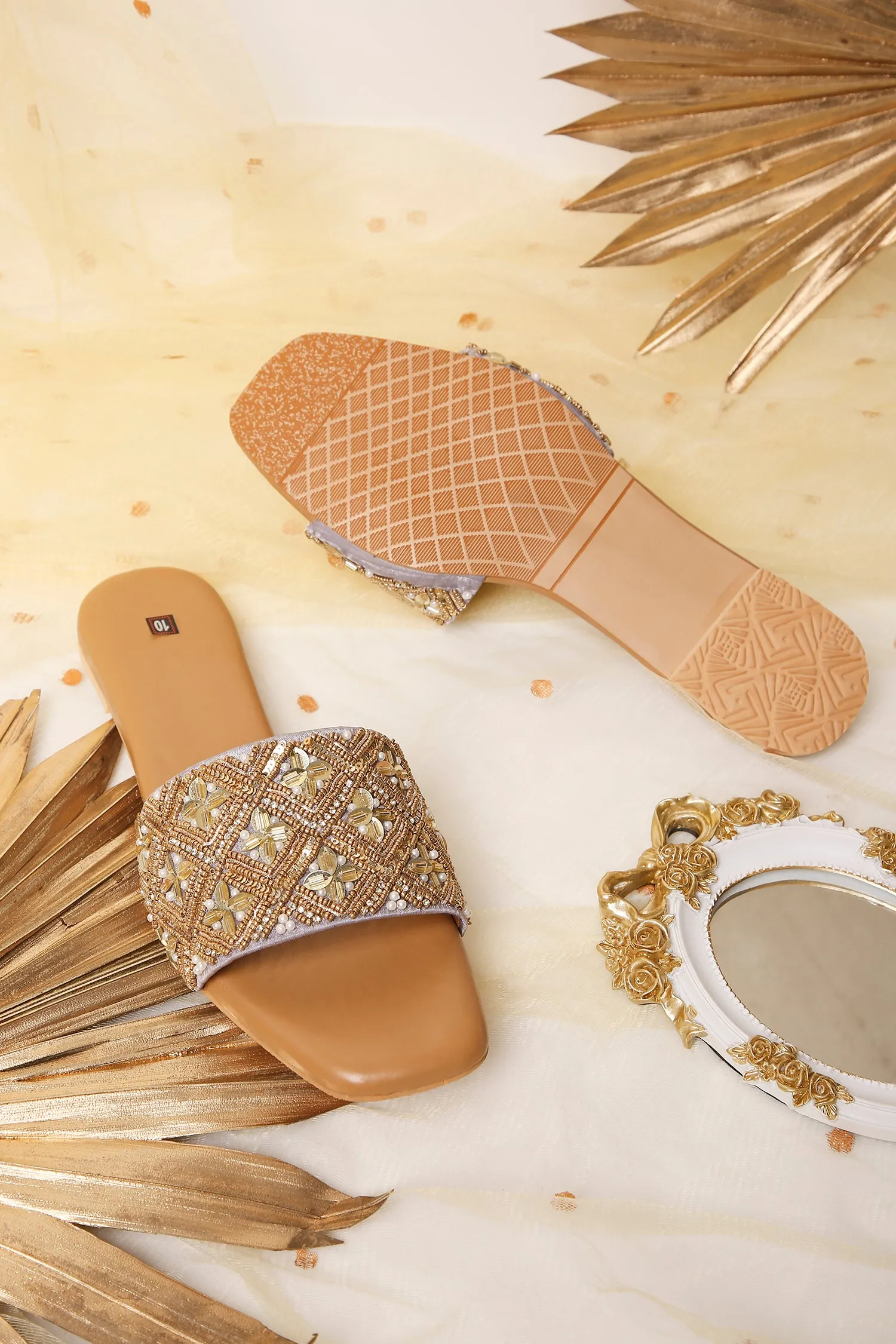 Handcrafted Flat Sandals with Traditional Beaded & Golden Zari Work Detailing