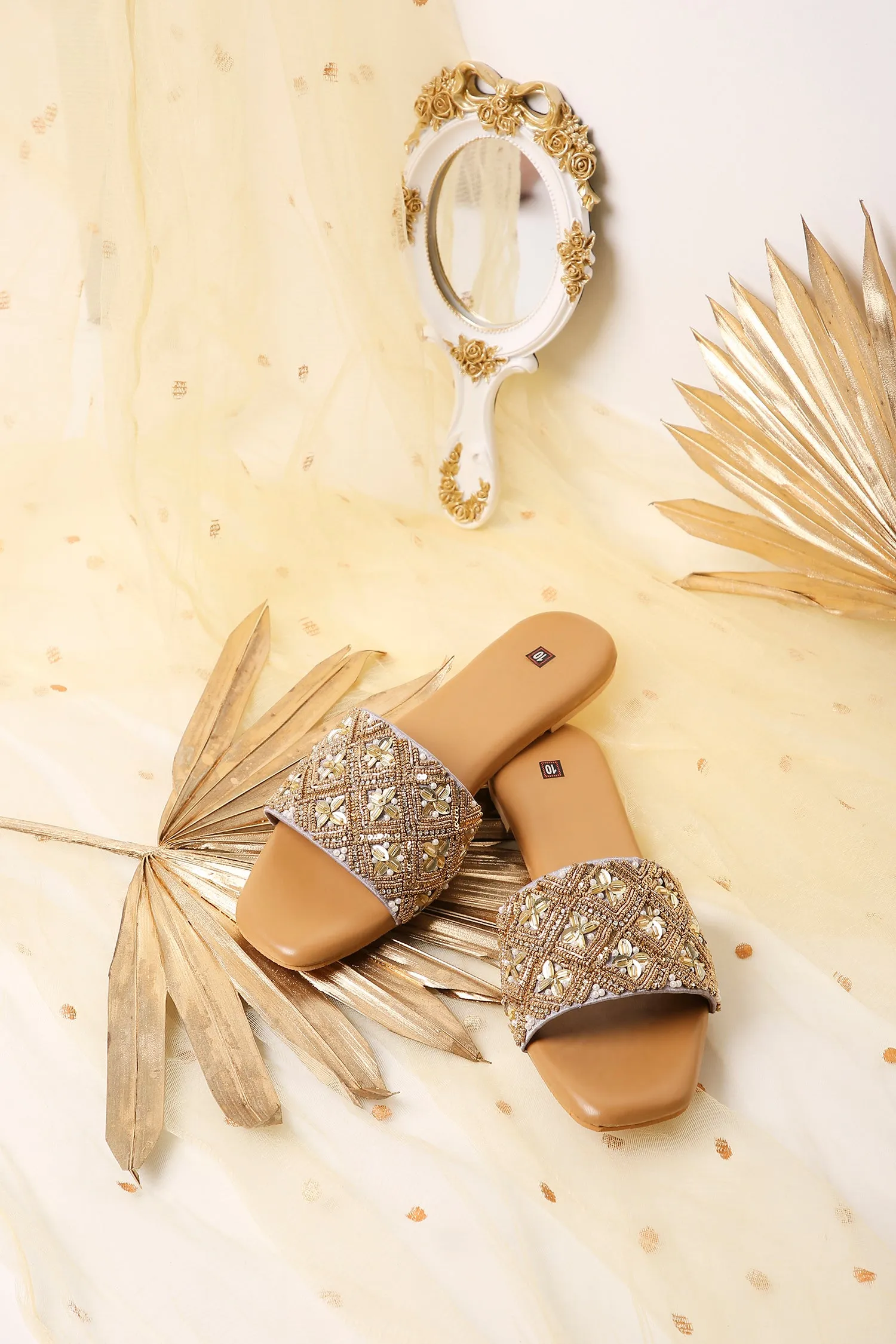 Handcrafted Flat Sandals with Traditional Beaded & Golden Zari Work Detailing