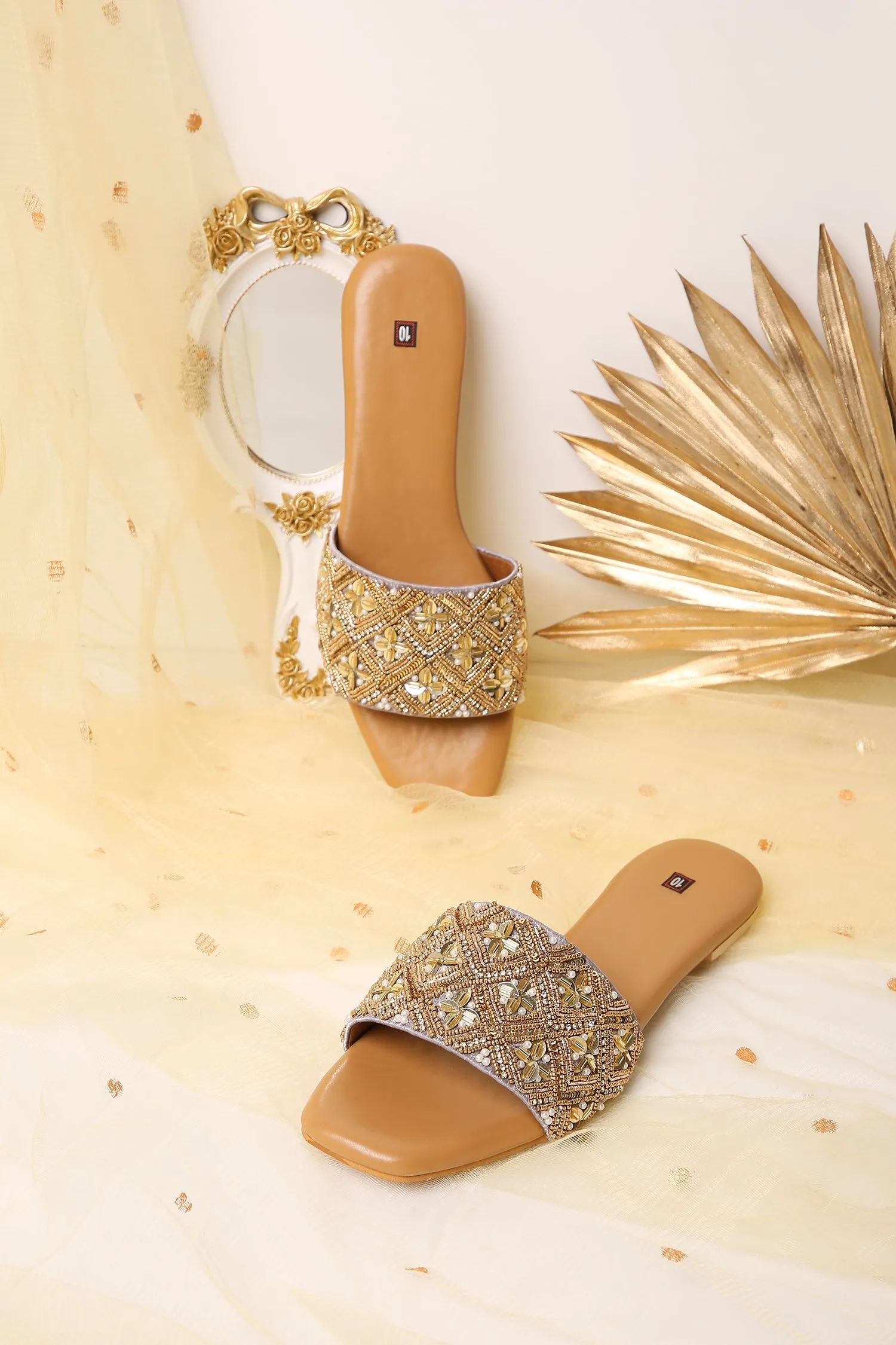 Handcrafted Flat Sandals with Traditional Beaded & Golden Zari Work Detailing