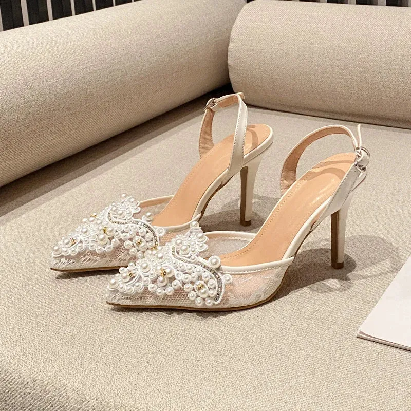 Lace Front Pearl Pointed Party High Heels Sandals