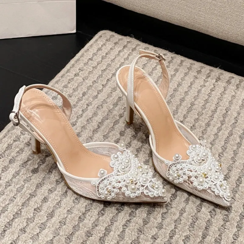 Lace Front Pearl Pointed Party High Heels Sandals
