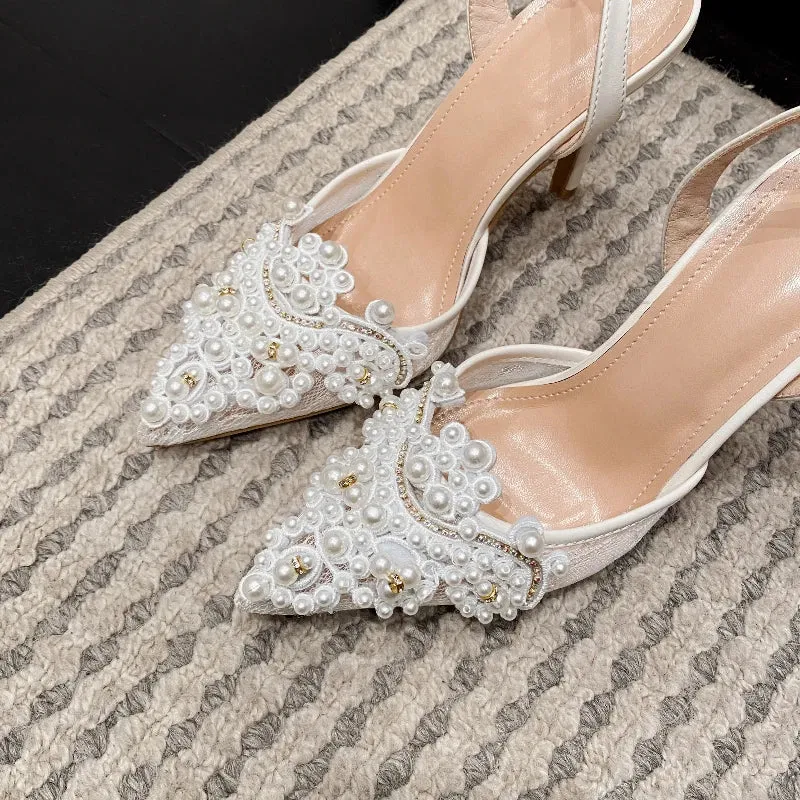 Lace Front Pearl Pointed Party High Heels Sandals