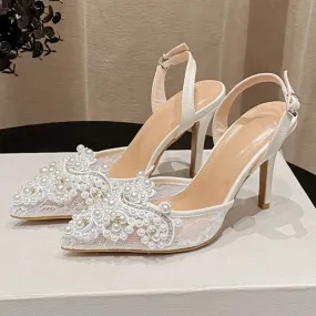 Lace Front Pearl Pointed Party High Heels Sandals