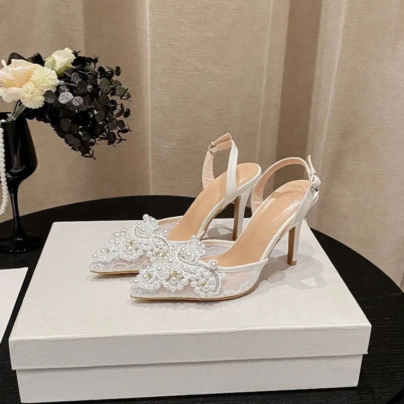 Lace Front Pearl Pointed Party High Heels Sandals