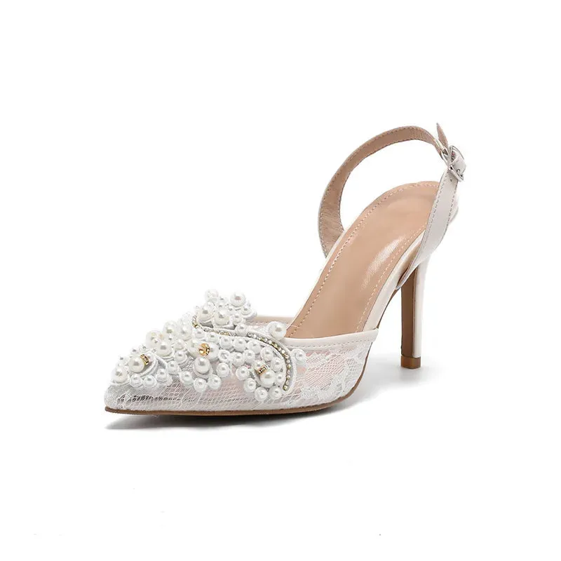 Lace Front Pearl Pointed Party High Heels Sandals
