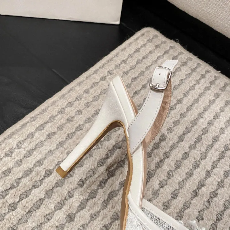 Lace Front Pearl Pointed Party High Heels Sandals