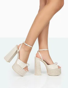 Mia Ecru Satin Pearl Open Toe Block Platform Heels