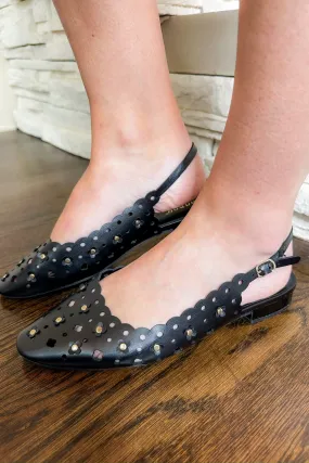 The Coco Black Flower Eyelet Scallop Trim Slingback Flat