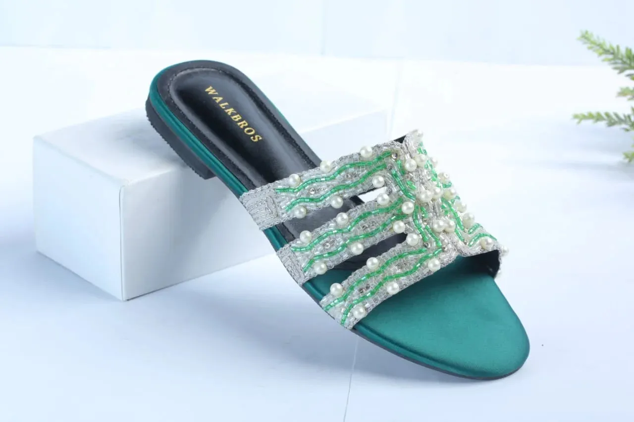 WALKBROS EMBROIDERED PEARLS FLATS - GREEN
