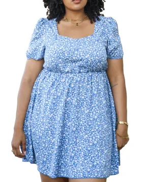 White Floral Print Swing Dress with Square Neckline | Blue