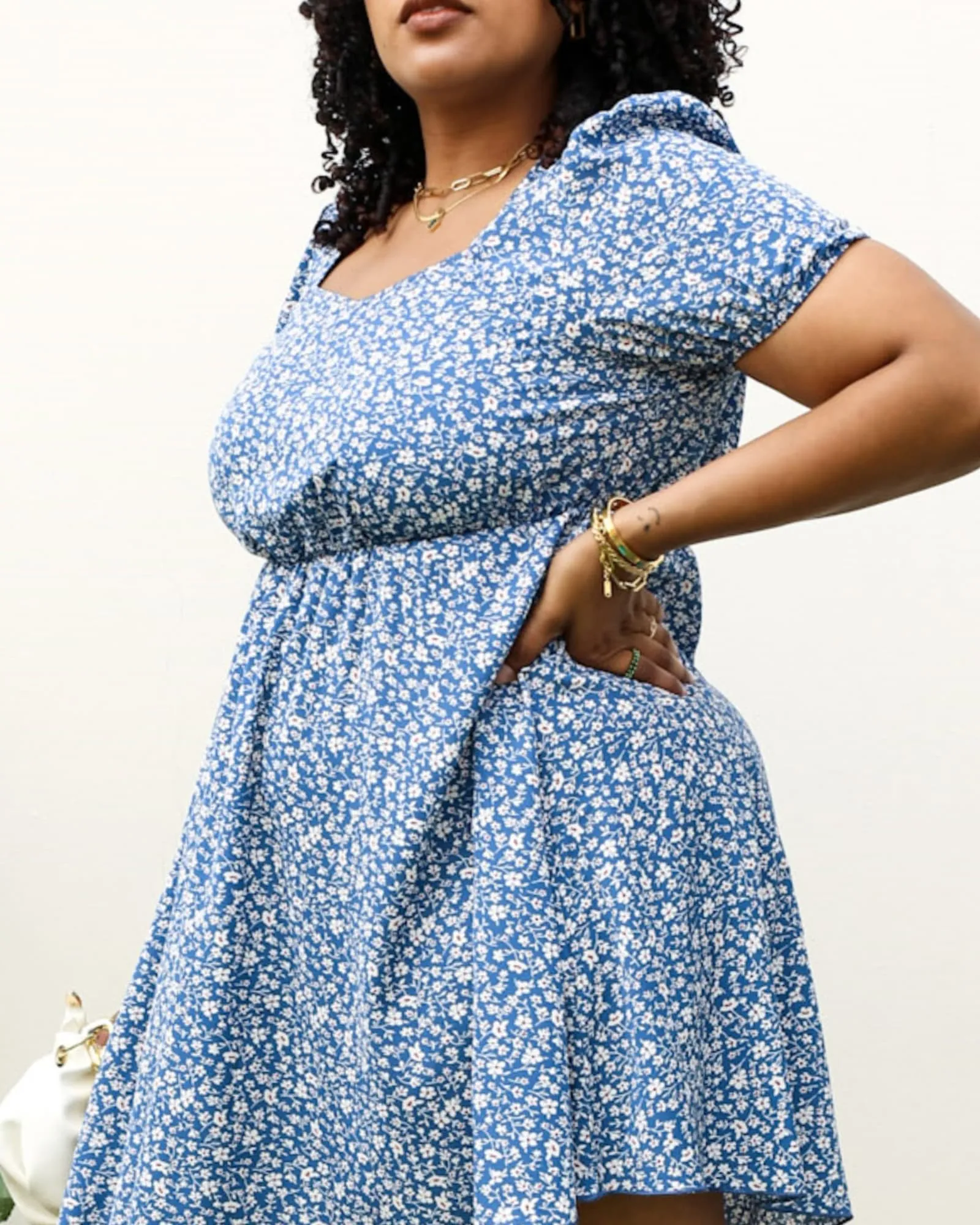 White Floral Print Swing Dress with Square Neckline | Blue