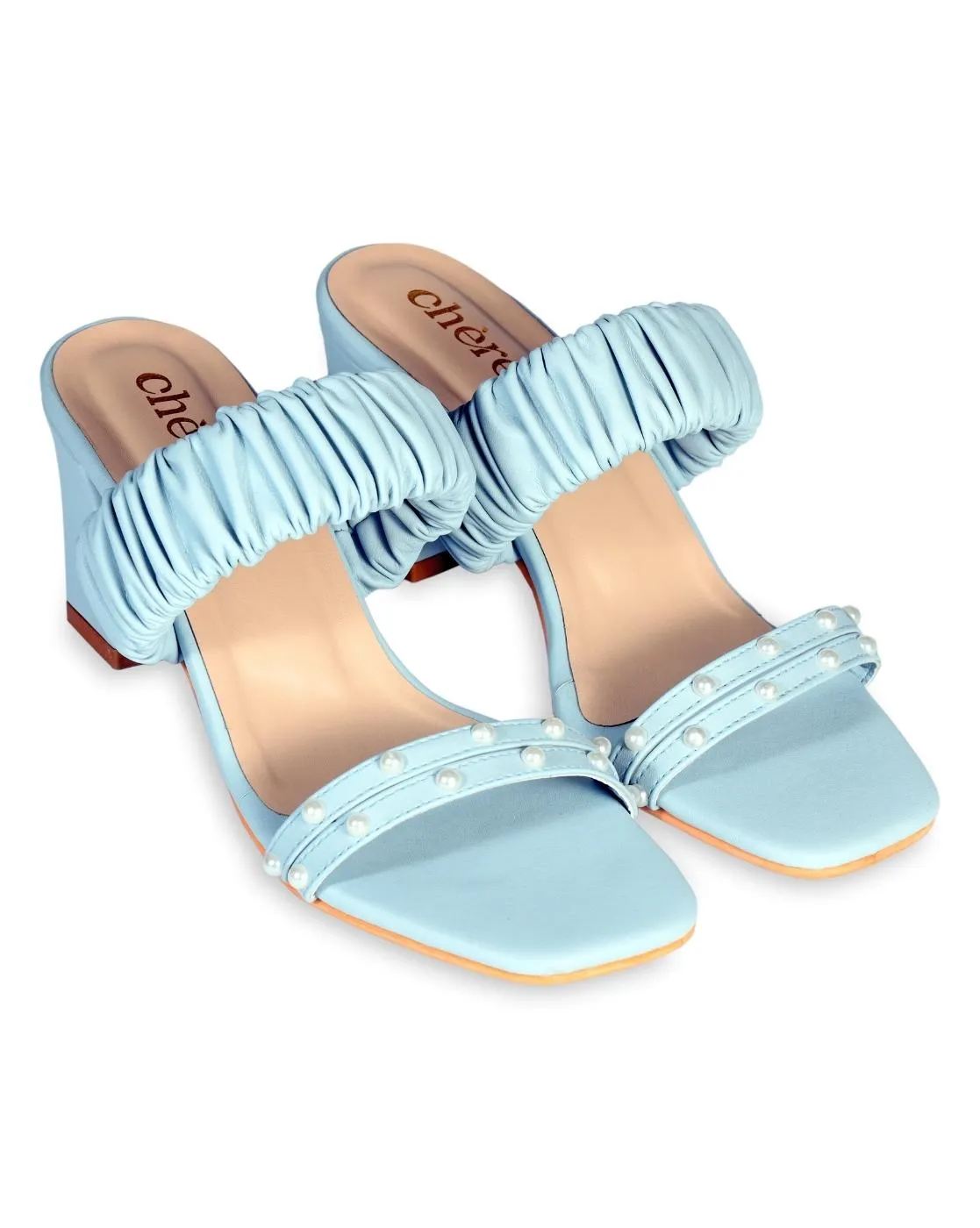 Women's Pastel Blue Pearl Strap Block Heels