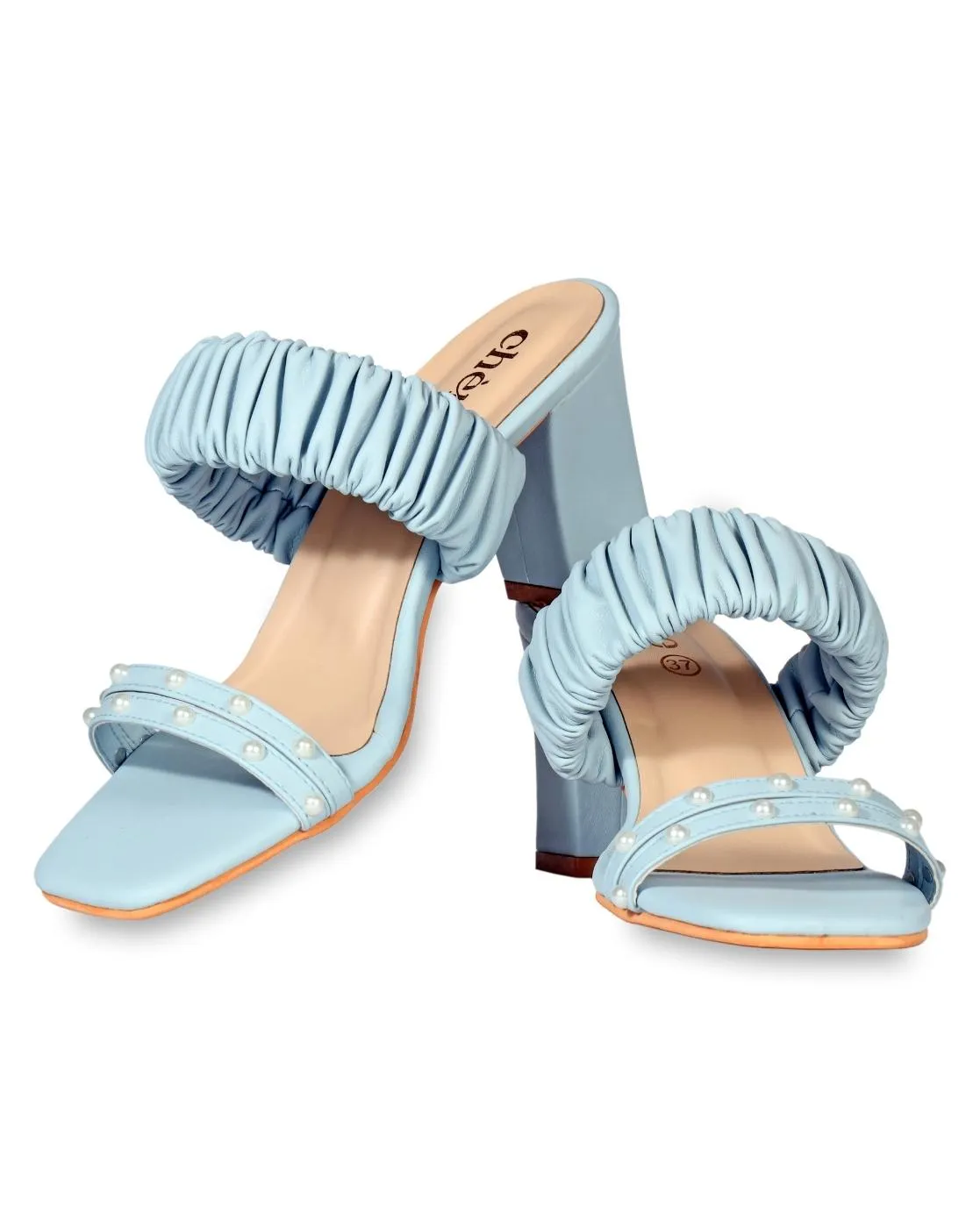 Women's Pastel Blue Pearl Strap Block Heels