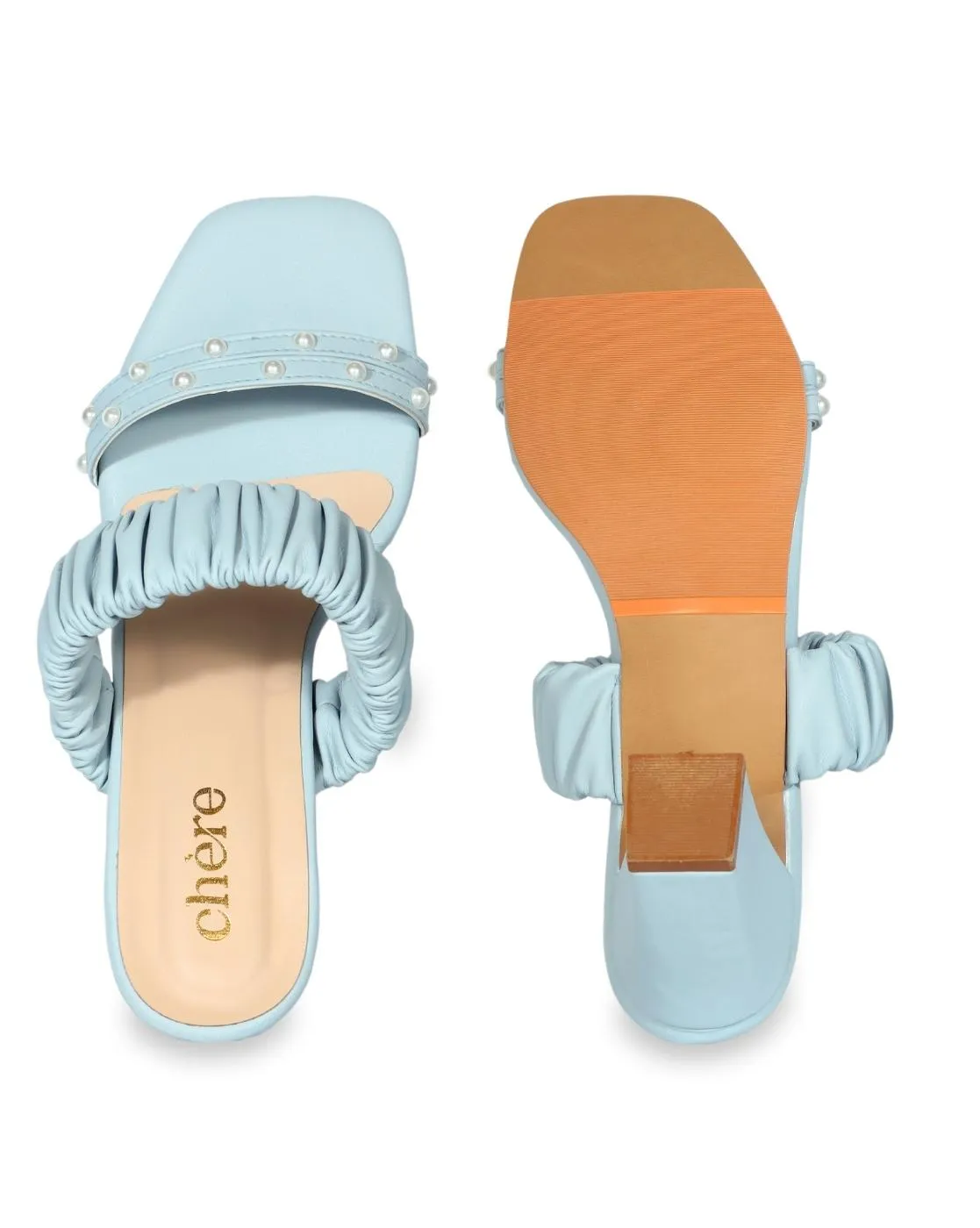 Women's Pastel Blue Pearl Strap Block Heels